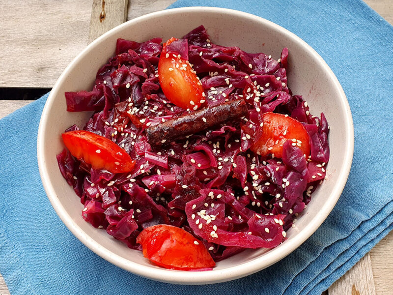 Braised spiced red cabbage with plums