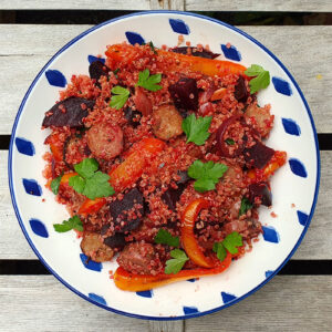 Roasted beetroot and sausage with quinoa