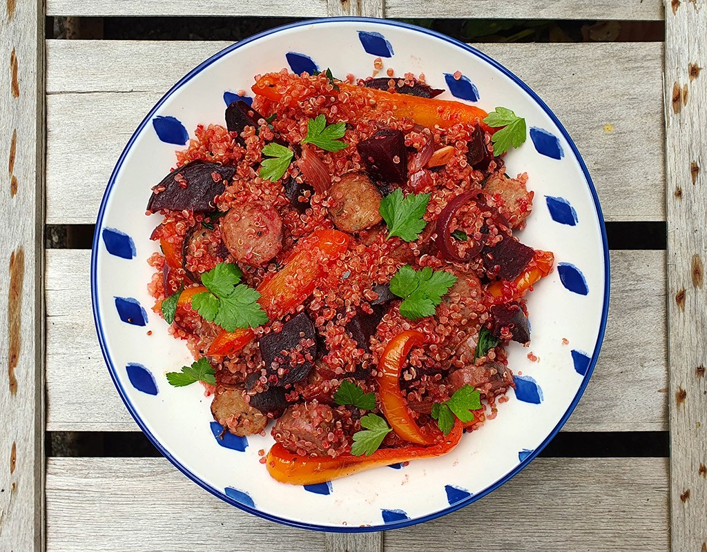 Roasted beetroot and sausage with quinoa