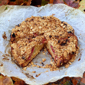 Raspberry and apple crumble cake