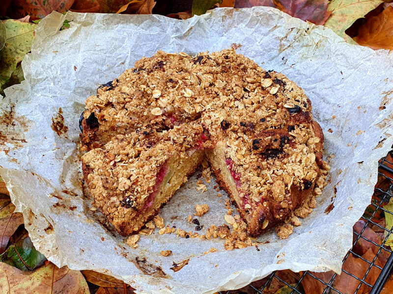 Raspberry and apple crumble cake