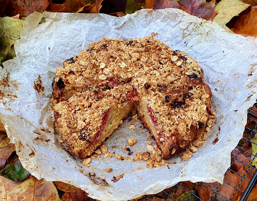 Raspberry and apple crumble cake