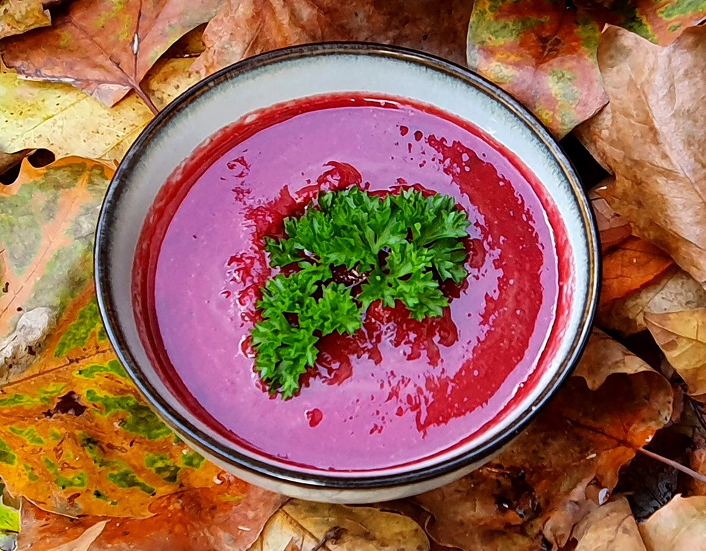 Beetroot soup with broccoli and chickpeas