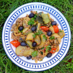 Balsamic lentils with courgette and tomatoes