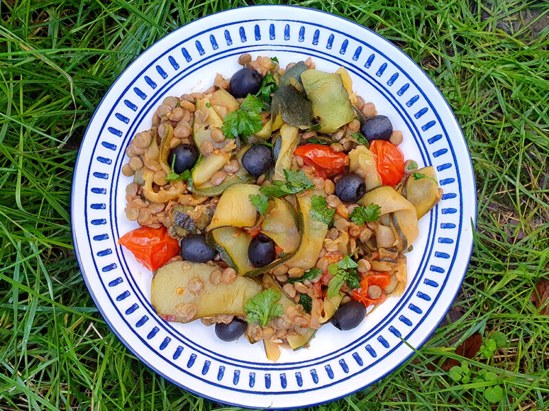 Balsamic lentils with courgette and tomatoes