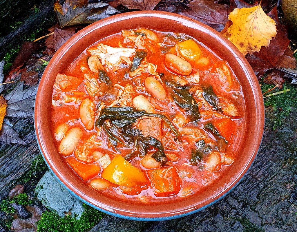 BBQ chicken and beans stew