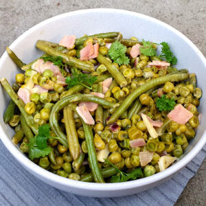 Sauteed green beans and peas with ham