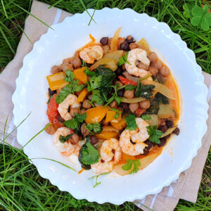 Spiced chickpeas with spinach and prawns