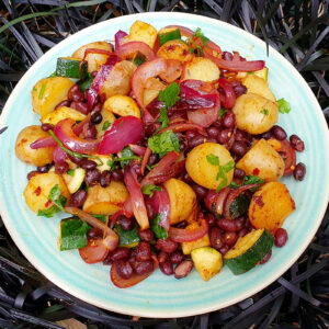 Warm potato, courgette and beans salad