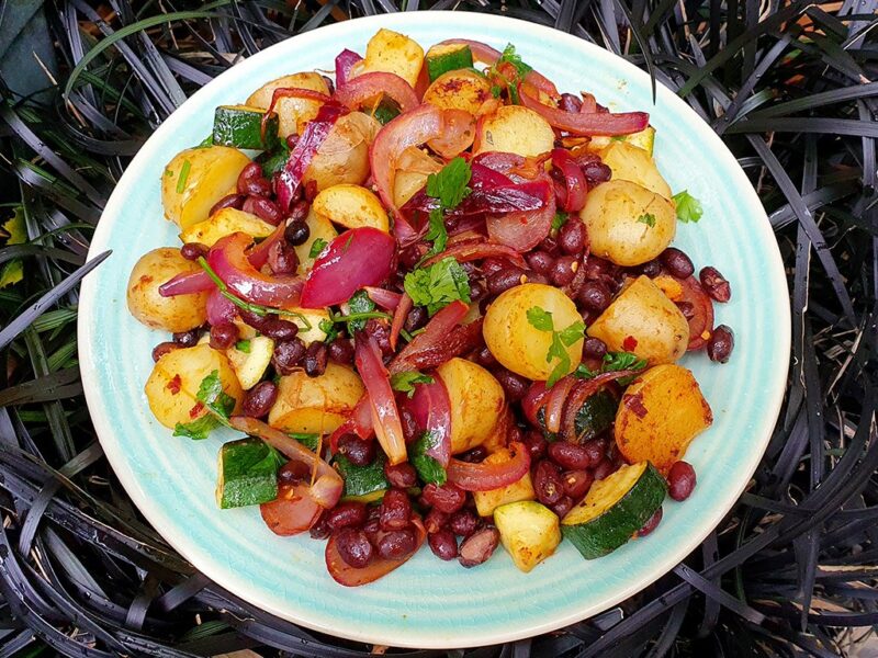 Warm potato, courgette and beans salad