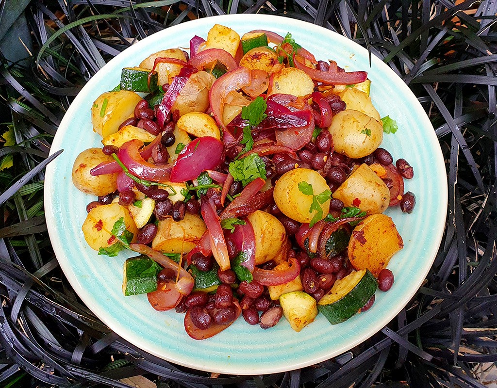 Warm potato, courgette and beans salad