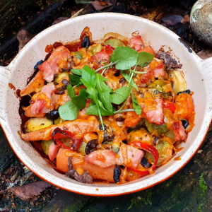 Baked sprouts, parsnips and carrots with bacon