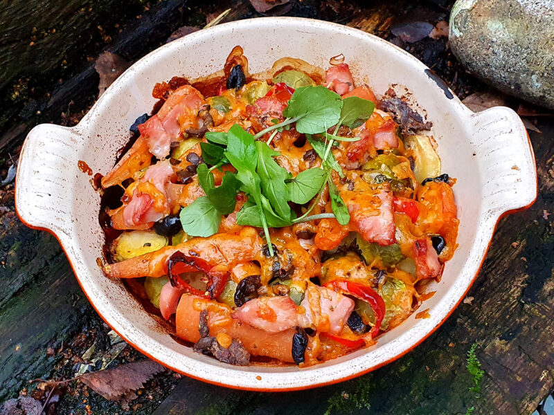 Baked sprouts, parsnips and carrots with bacon