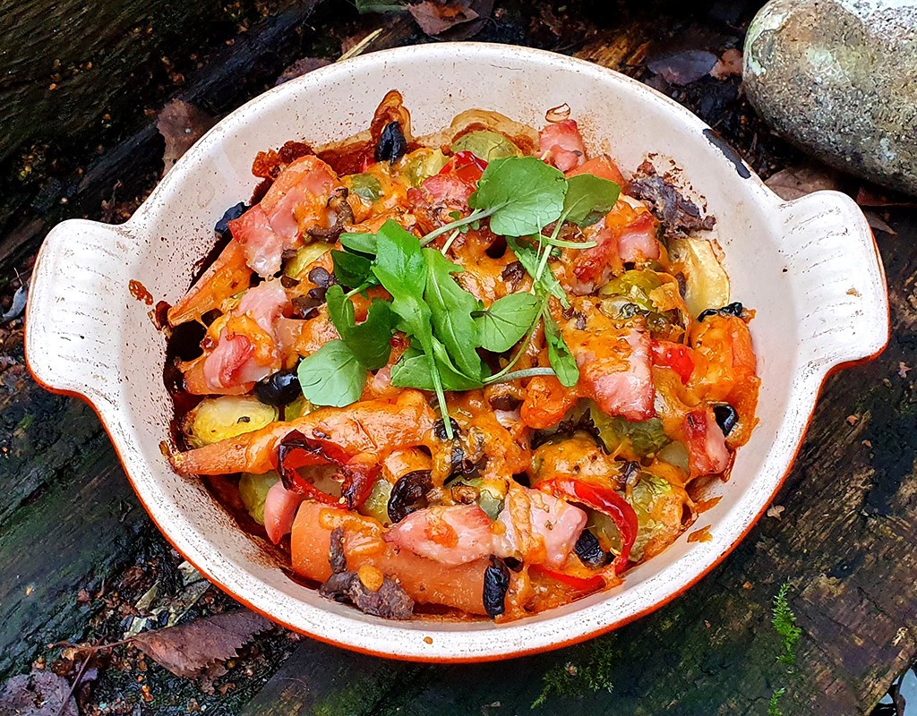 Baked sprouts, parsnips and carrots with bacon