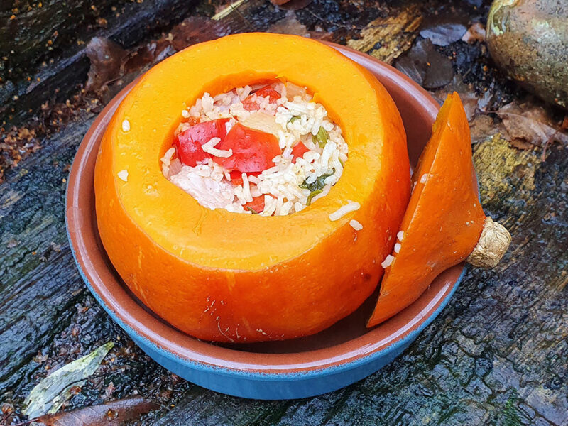 Squash stuffed with bacon and rice