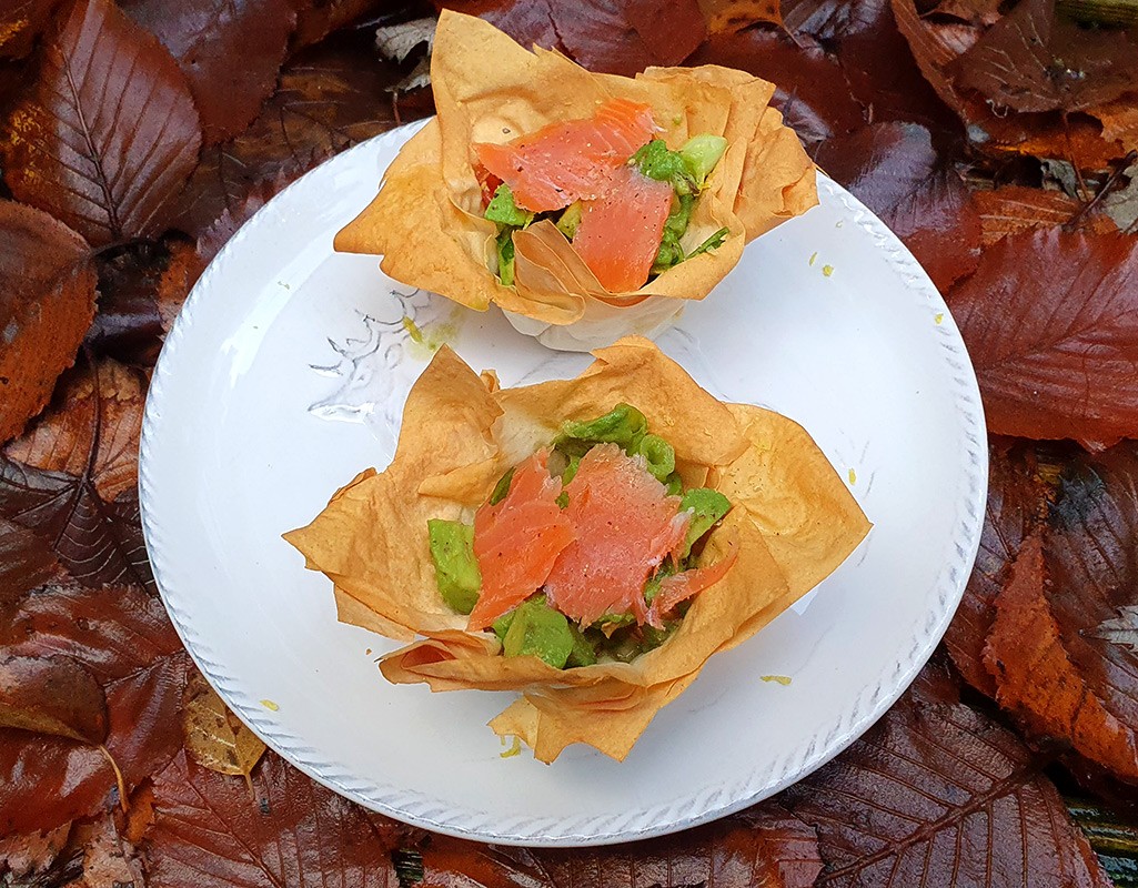 Avocado and smoked salmon filo tarts