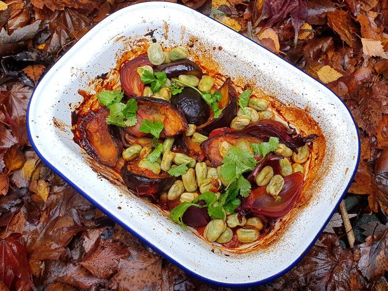 Tomato roasted baby aubergine with broad beans