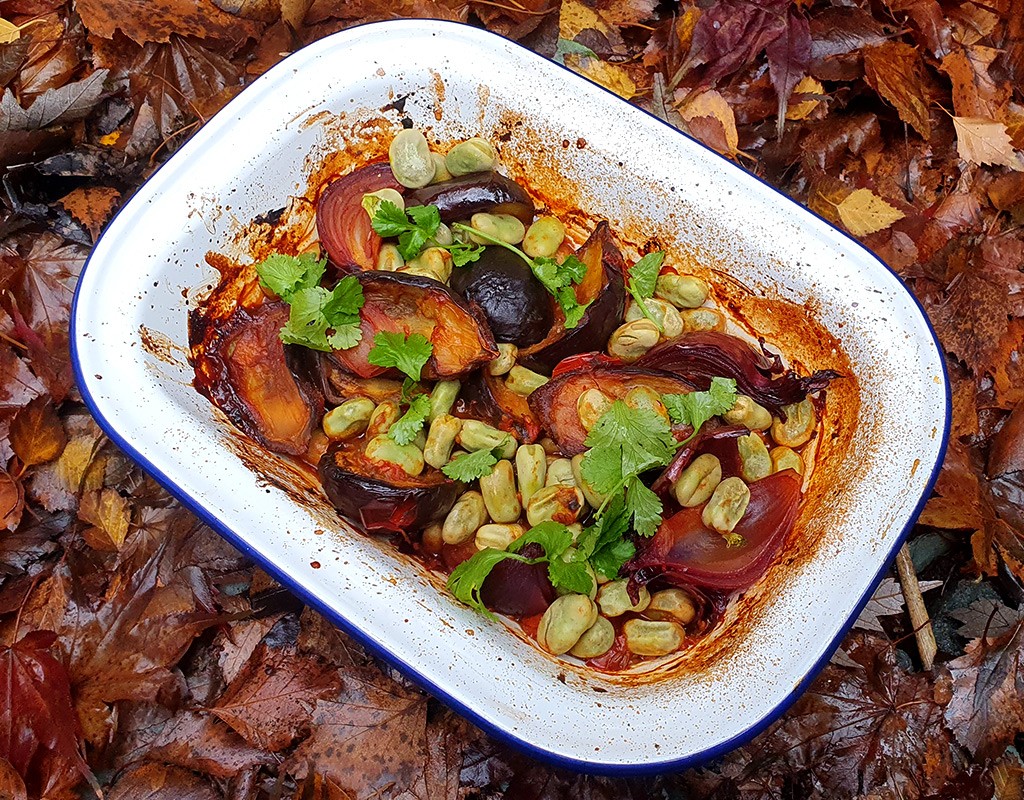 Tomato roasted baby aubergine with broad beans