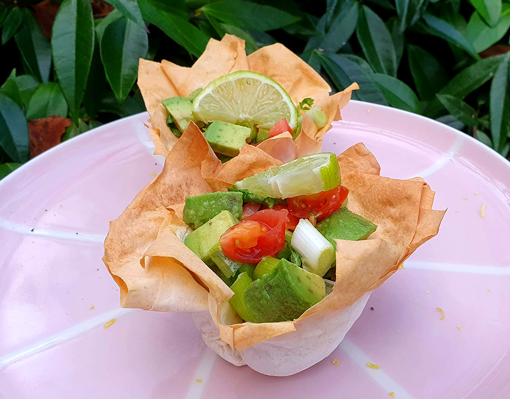 Avocado and tomato filo tarts