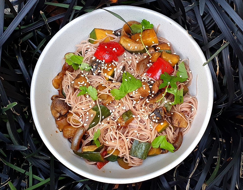 Miso mushroom and courgette noodles