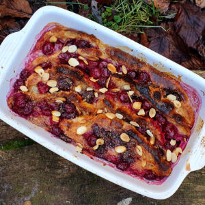 Sour cherry croissant pudding