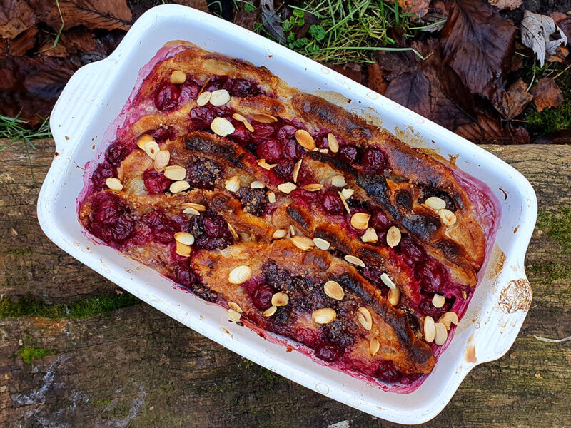 Sour cherry croissant pudding