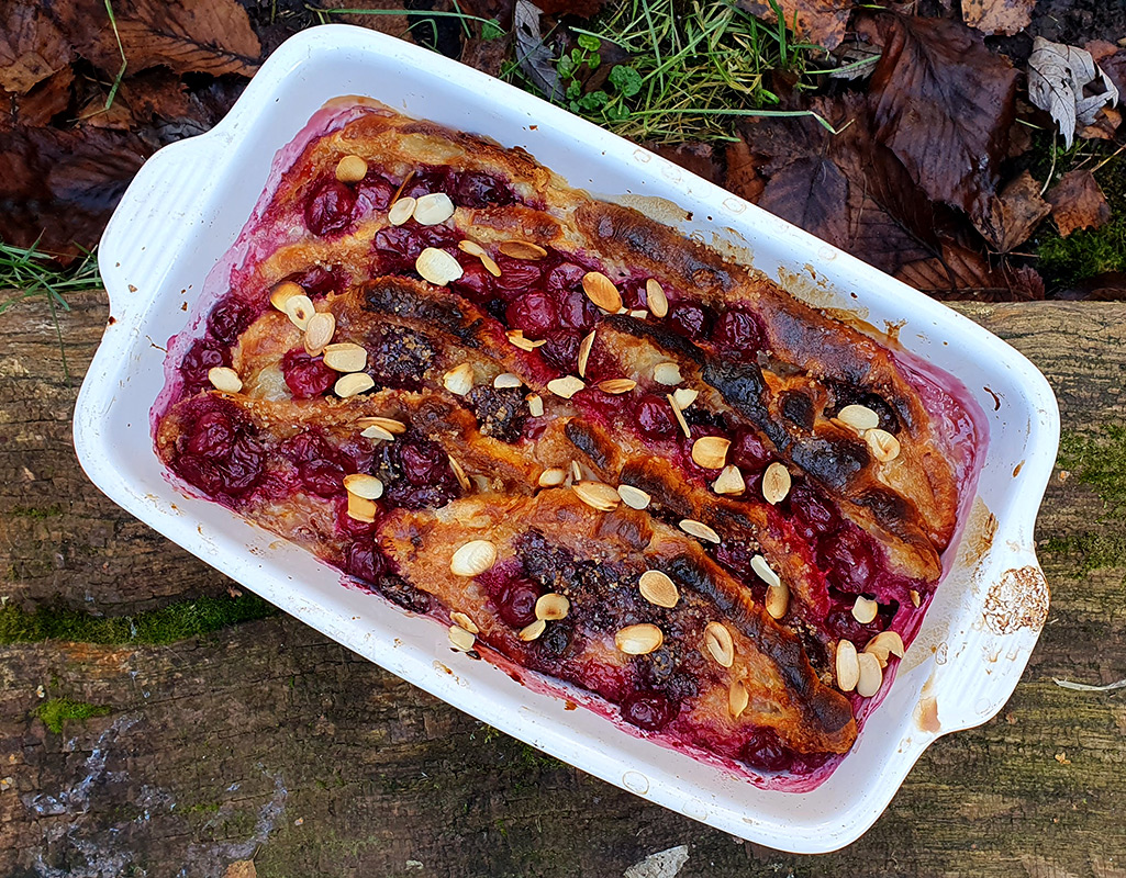 Sour cherry croissant pudding