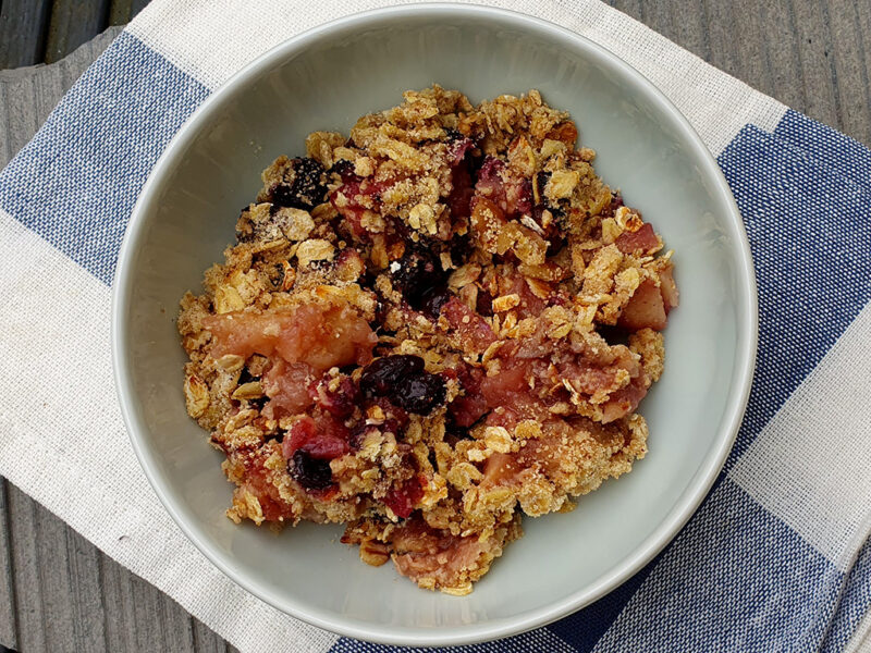 Apple and blueberry crumble with walnuts and oats