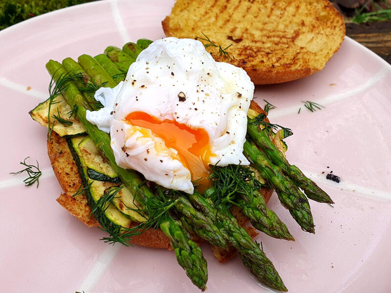 Grilled asparagus and courgette with poached egg