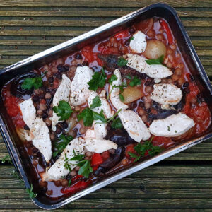 Harissa chicken and aubergine traybake