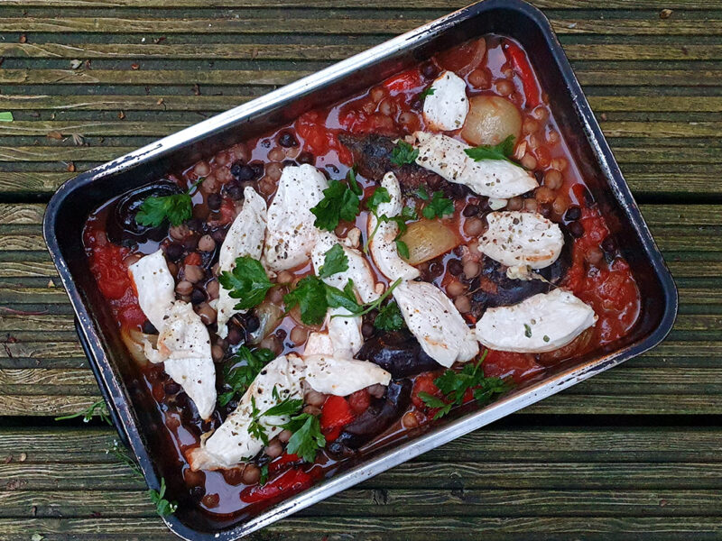 Harissa chicken and aubergine traybake