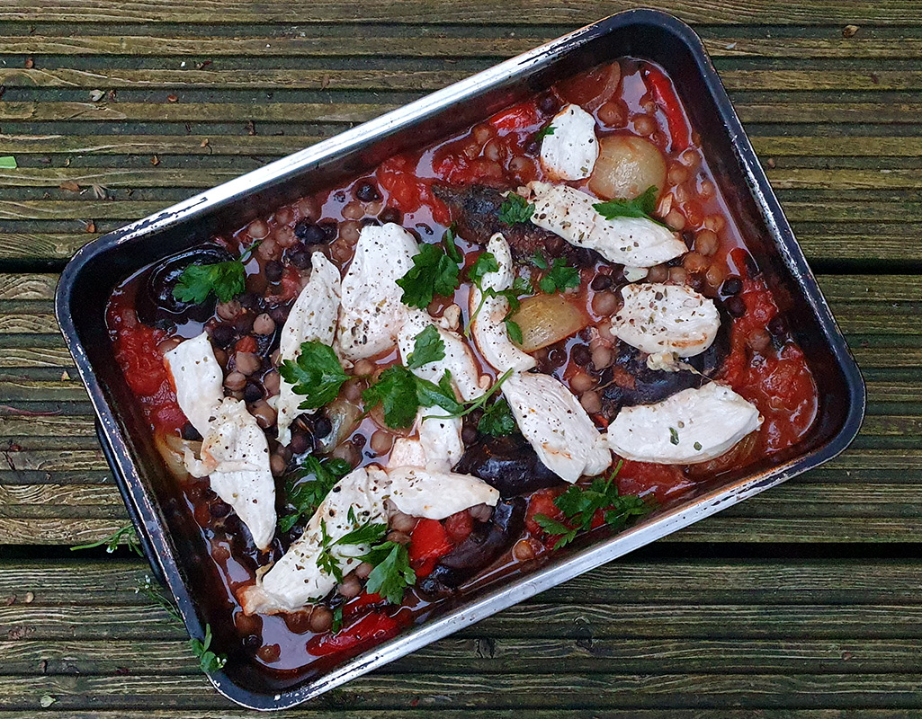 Harissa chicken and aubergine traybake