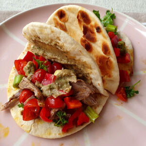 Leftover lamb flatbread with aubergine sauce