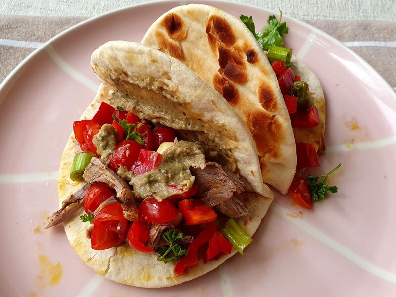 Leftover lamb flatbread with aubergine sauce