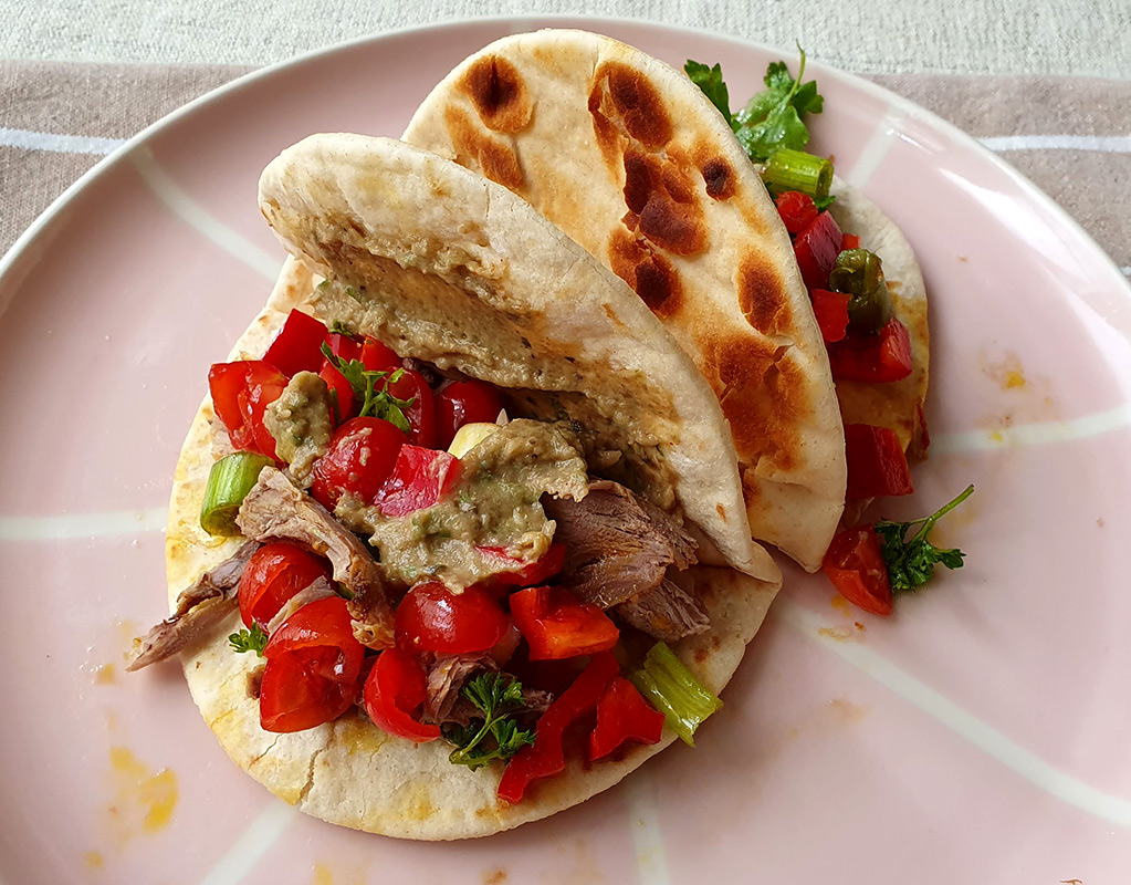 Leftover lamb flatbread with aubergine sauce