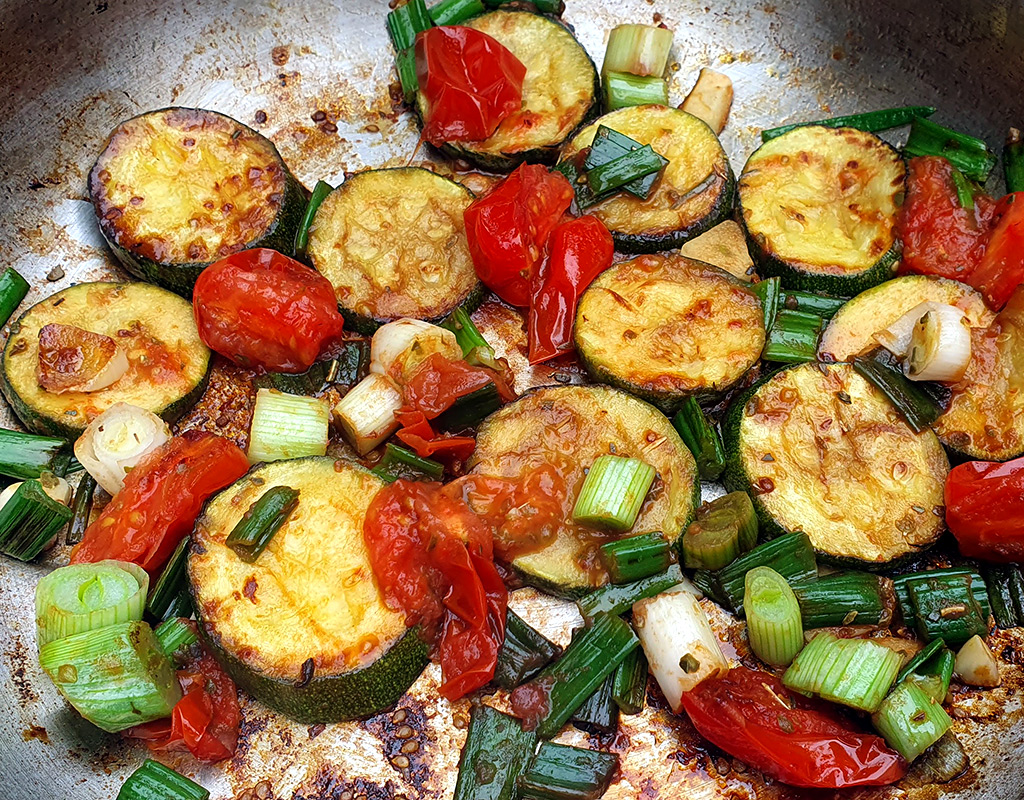 Pan-fried balsamic courgette and tomato