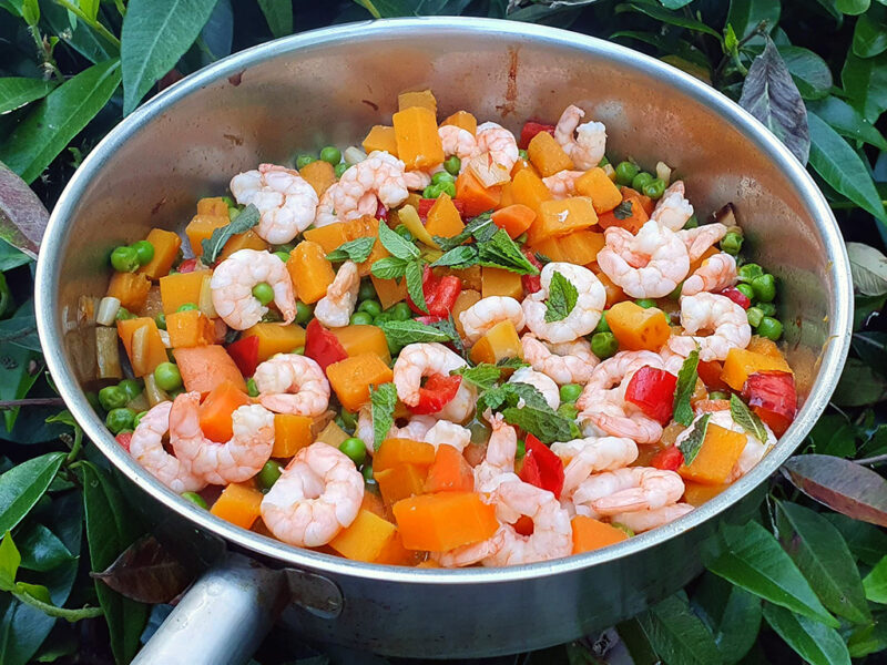 Butternut squash and peas with prawns