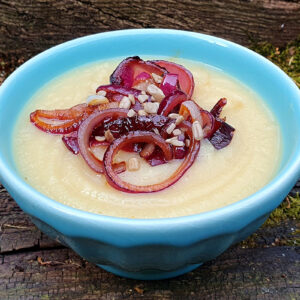 Celeriac, parsnip and apple soup with caramelised onion