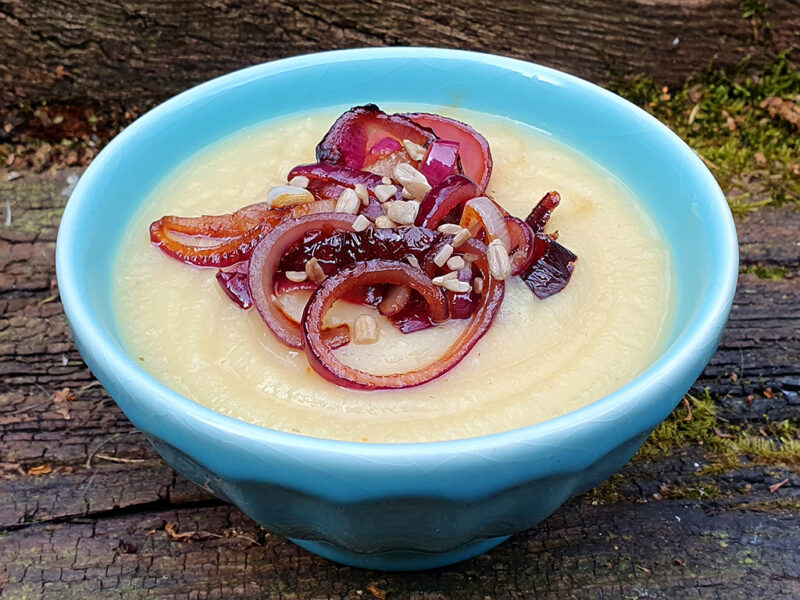 Celeriac, parsnip and apple soup with caramelised onion