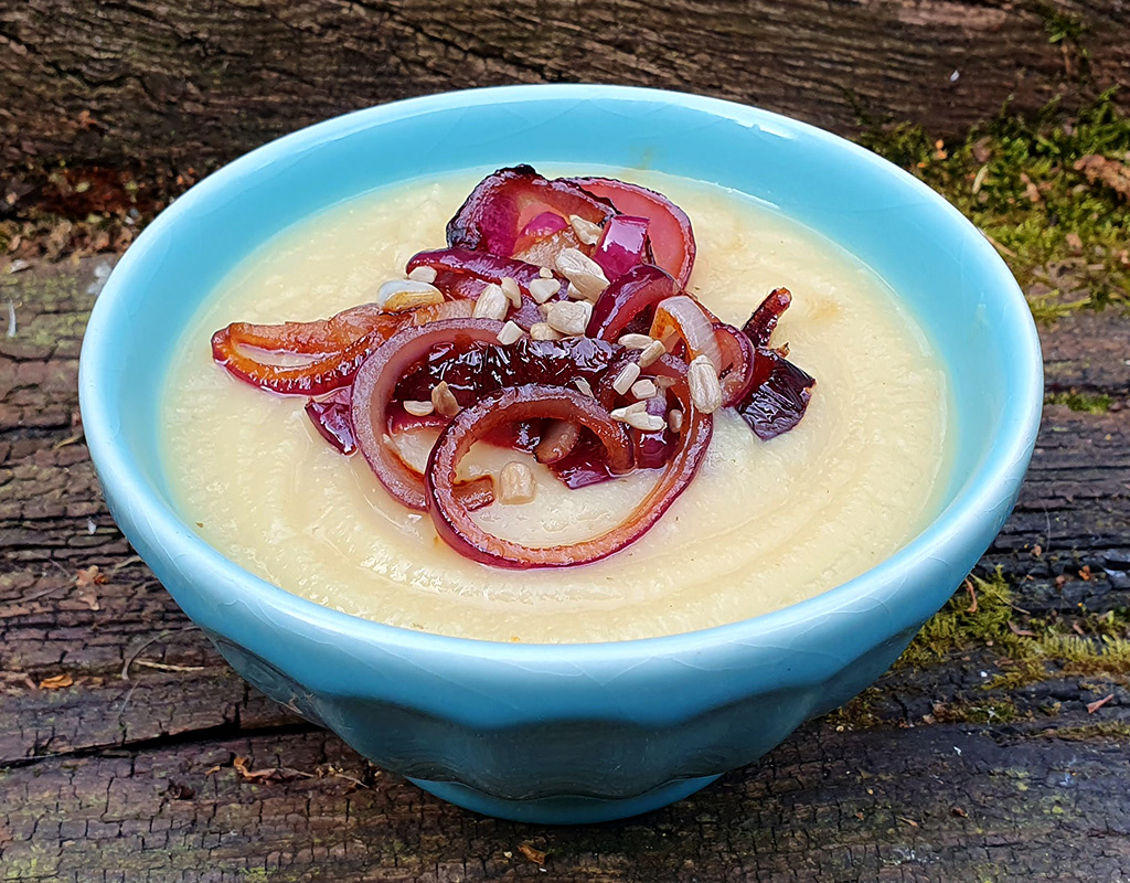 Celeriac, parsnip and apple soup with caramelised onion