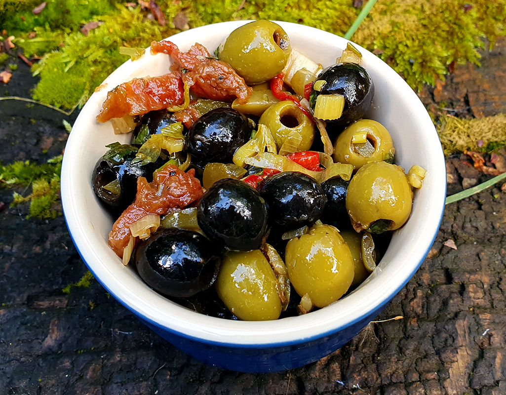 Marinated mixed olives with sundried tomatoes