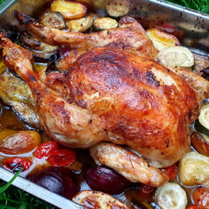 Roast chicken with aubergine