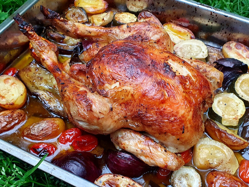 Roast chicken with aubergine