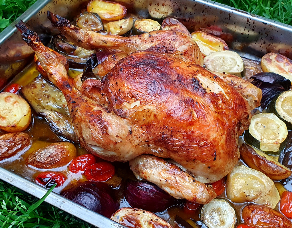 Roast chicken with aubergine