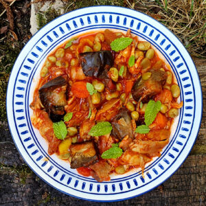 BBQ chicken and aubergine stew with broad beans