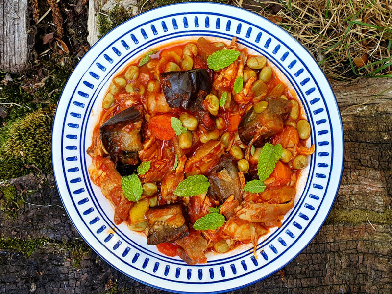 BBQ chicken and aubergine stew with broad beans