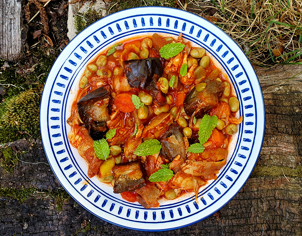 BBQ chicken and aubergine stew with broad beans