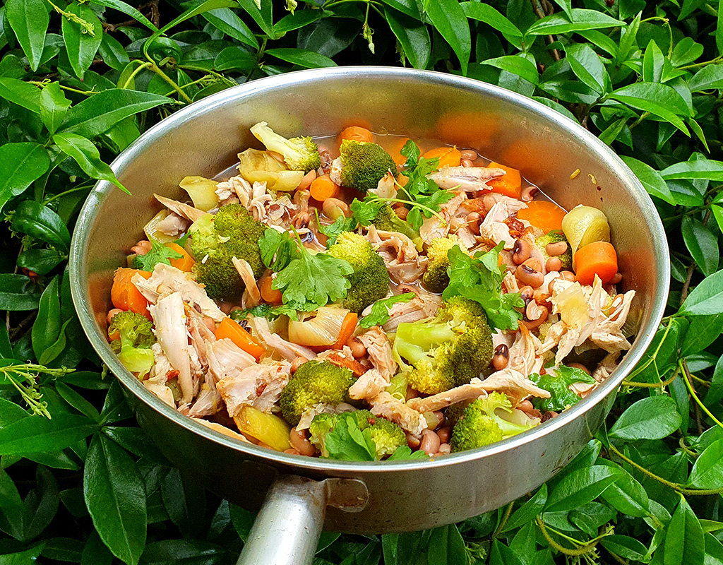 BBQ chicken and bean stew with broccoli