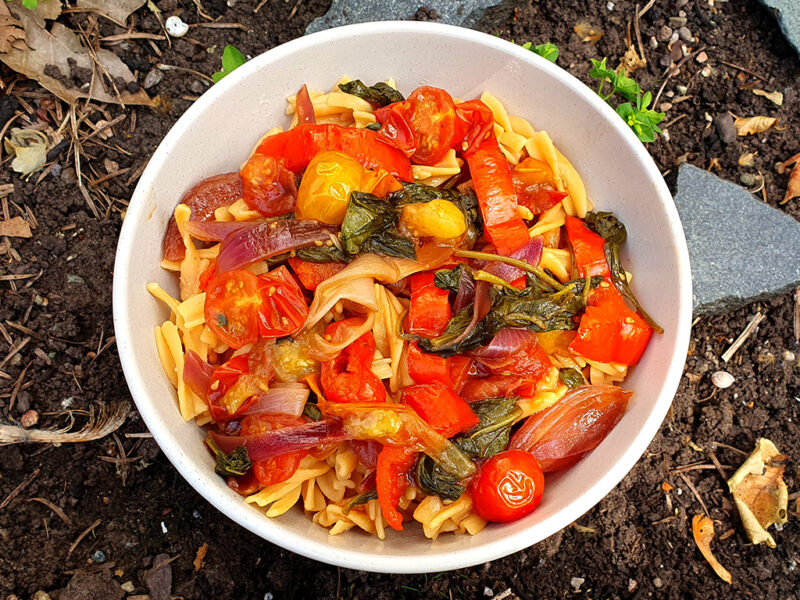 Pasta with balsamic tomatoes and spinach