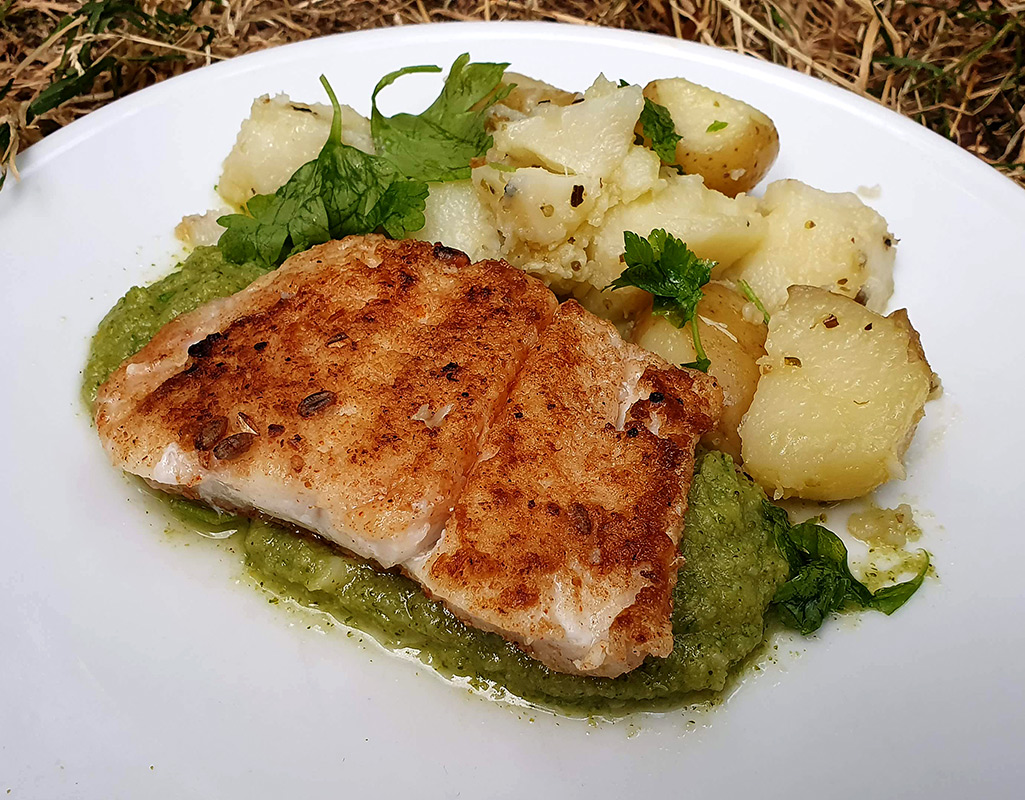 Spiced fish with broccoli puree